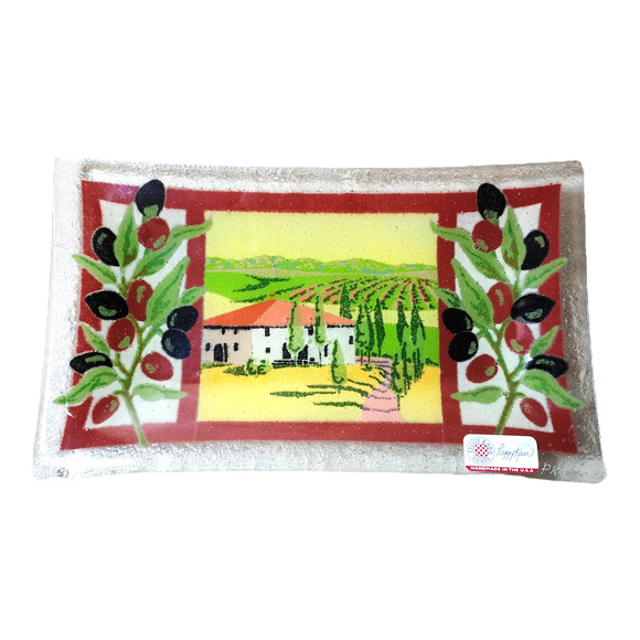 Peggy Karr Glass Fused Art Glass Tuscan Villa Winery Platter/Tray Artist Signed - Picture 2 of 10